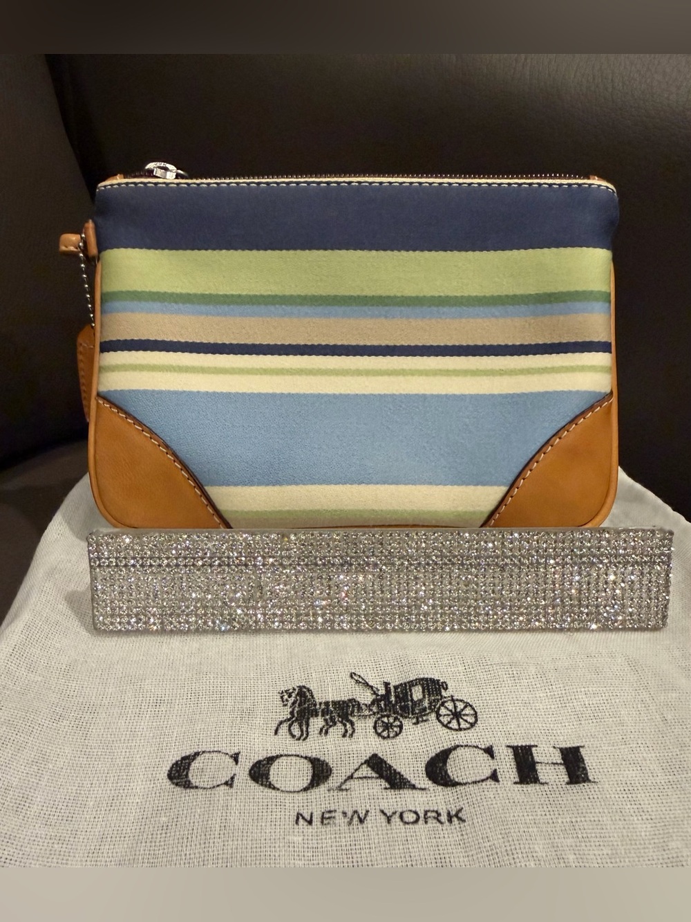 Coach Multicolor Striped Canvas and Leather Wristlet with Dustbag